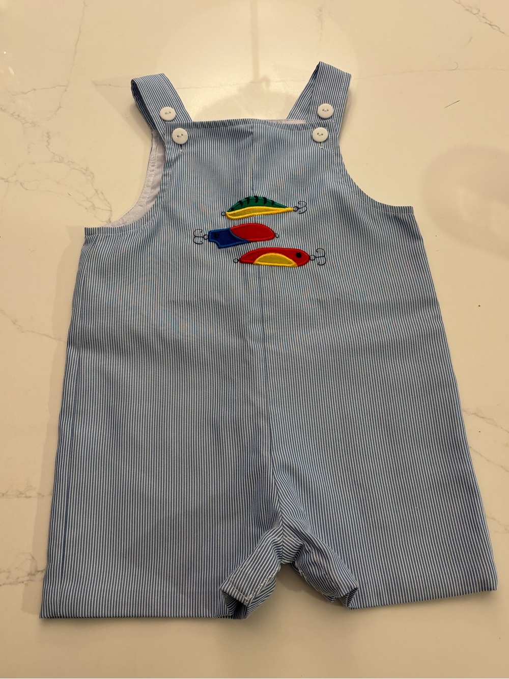 Florence Eiseman Blue Pinstripe Kids Fishing Lure Romper